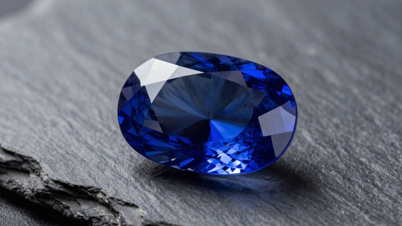 Un cristal de zafiro azul profundo muestra su estructura en contraste con un material industrial oscuro y robusto.