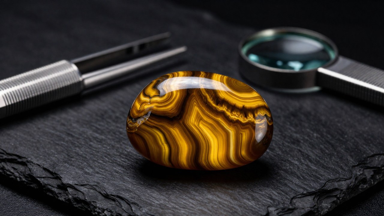 Cabujón de Ojo de Tigre de alta calidad sobre una superficie oscura junto a instrumentos de medición y lupa.