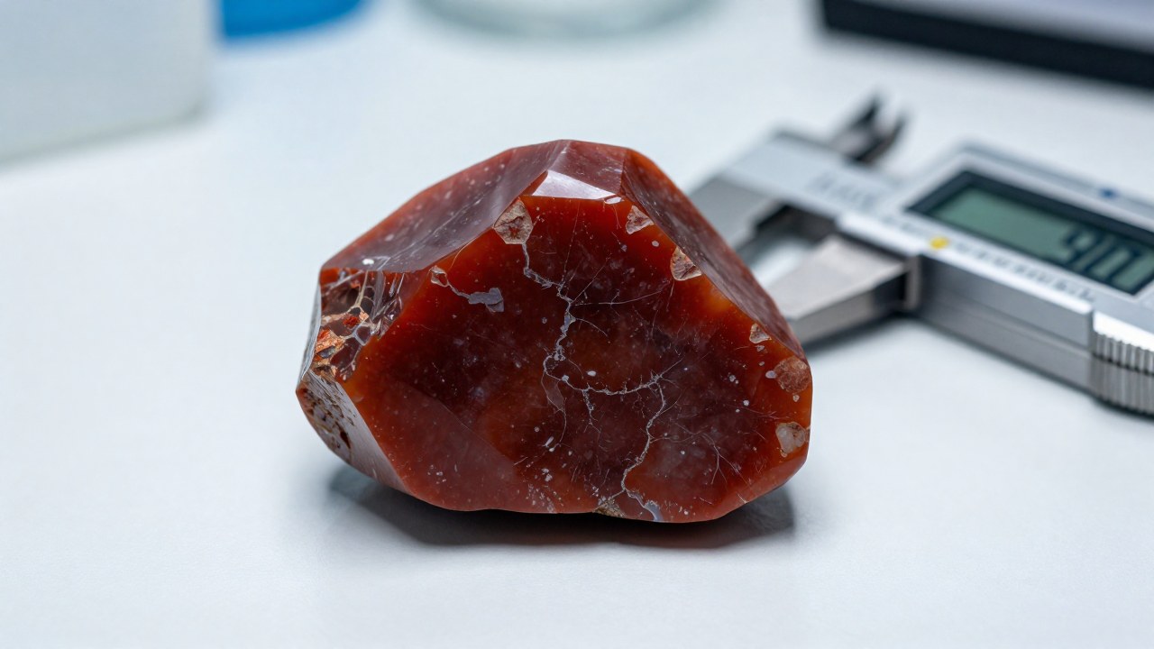 Un espécimen de jaspe rojo profundo es examinado en una mesa de laboratorio con instrumentos científicos.