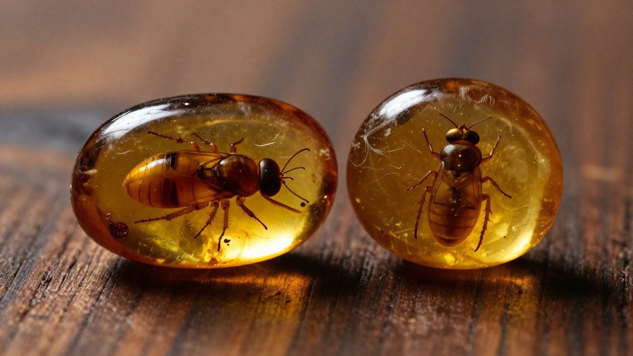 Dos piezas de ámbar comparando un insecto perfectamente conservado en el ámbar con una muestra falsa.