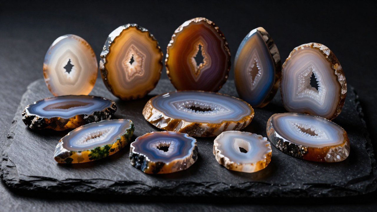 Varias rodajas de ágata y especímenes minerales pulidos con patrones y colores diversos sobre una superficie oscura.