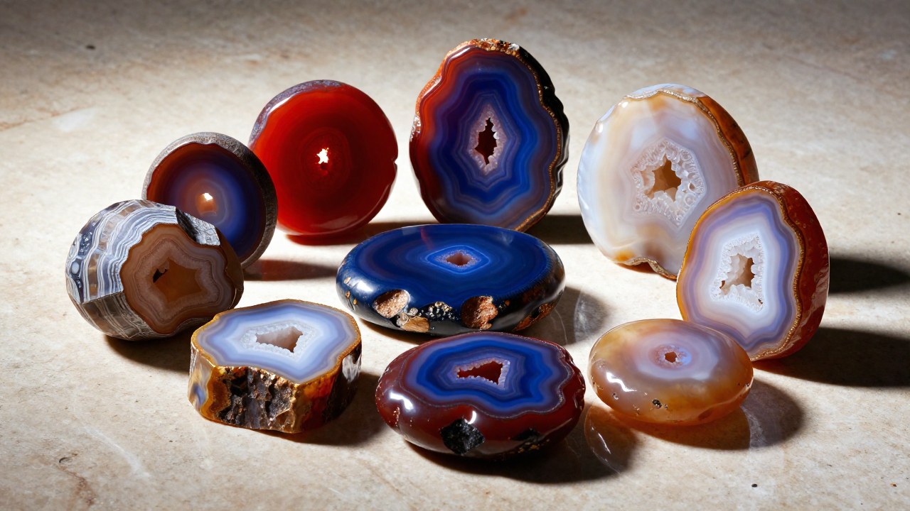 Colección de especímenes de ágata con patrones e intensos colores variados, dispuestos sobre una superficie clara.