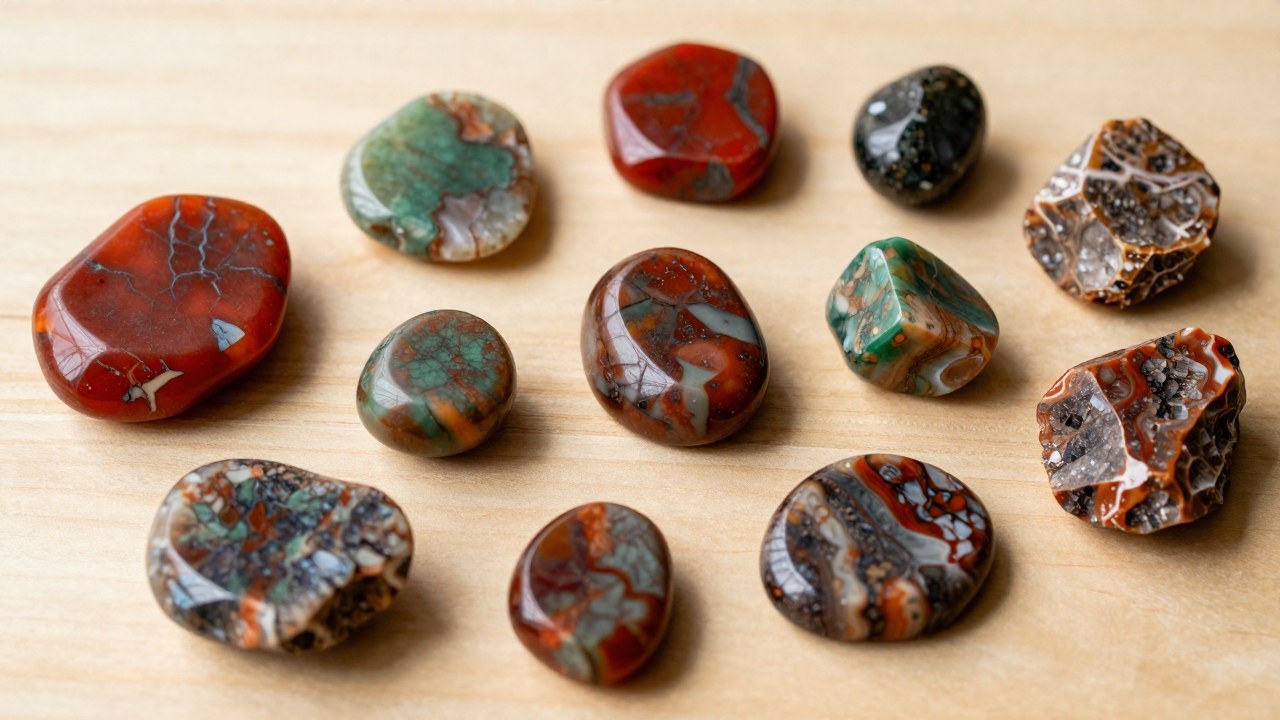 Variedad de muestras de jaspe con patrones y colores naturales dispuestas en una superficie de madera.
