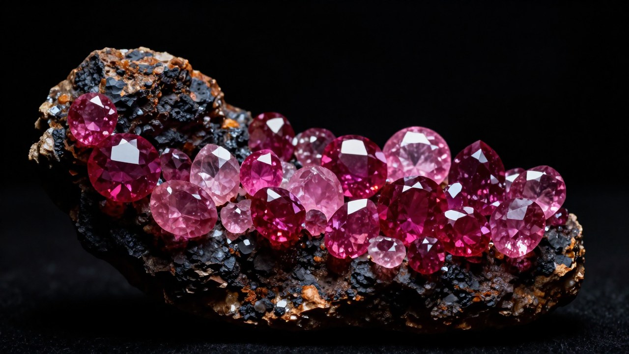 Cristales de rubí rosado emergen dramáticamente de estratos geológicos oscuros y rocosos.