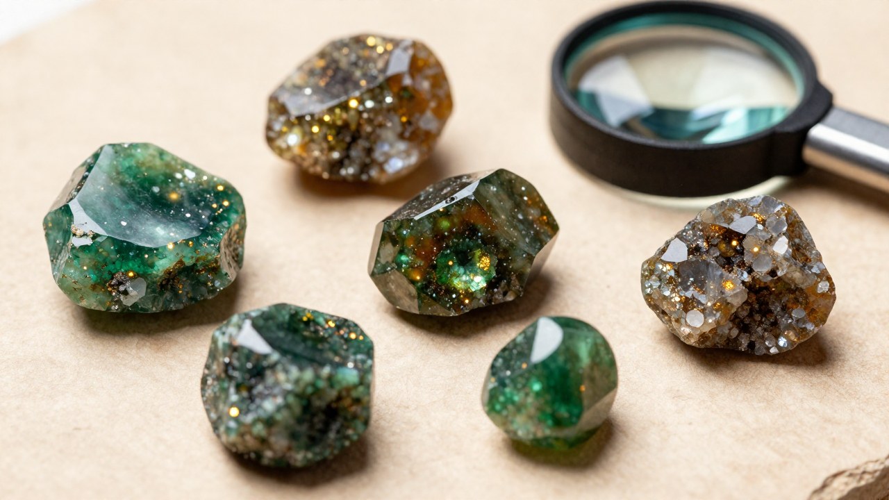 Muestras de gemas de Aventurina en bruto y pulidas, mostrando destellos verdes y dorados sobre madera.